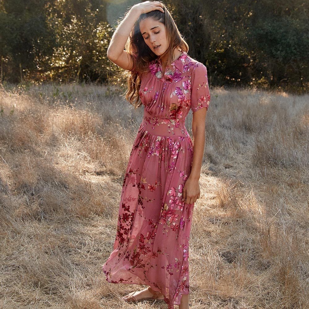 Christy Dawn Winslet Floral Maxi Dress Pink Blush Silk Size Small